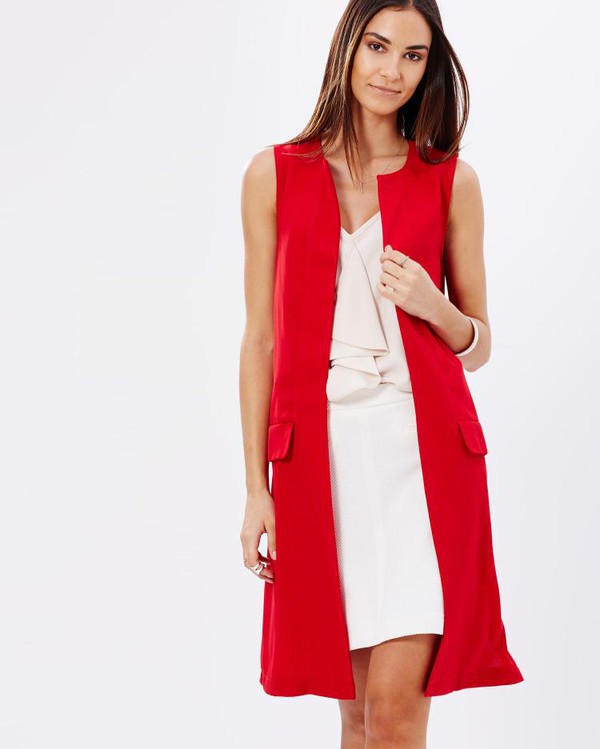 red long-sleeved cardigan dress