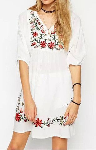 white boho embroidered floral dress