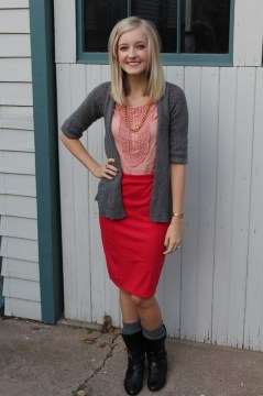 Pink pencil skirt black boots gold chain necklace gray sweater