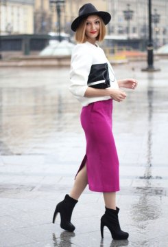 White jacket Fuchsia skirt black heeled boots