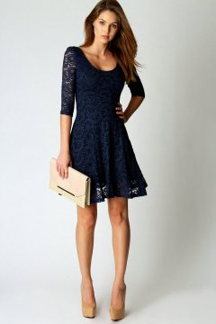 Scoop neckline short lace dark blue cocktail dress with mid sleeves