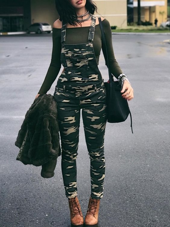 camo overalls olive green top