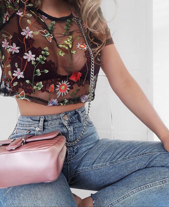 embroidered mesh top high waist jeans soft pink bag
