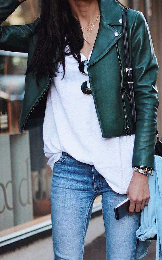 green leather jacket chic casual