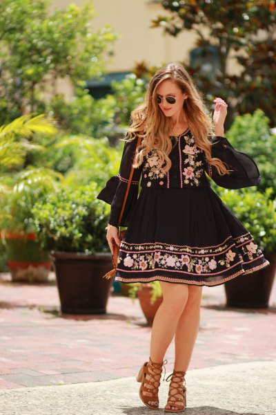 black baby doll embroidered mini dress