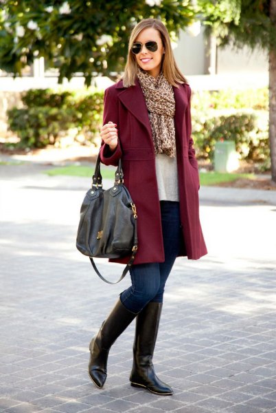 burgundy fur with leopard print scarf and knee-high boots