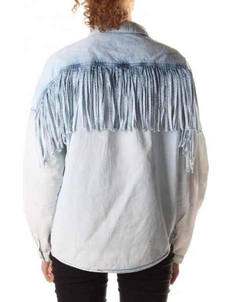 light blue chambray fringed jeans
