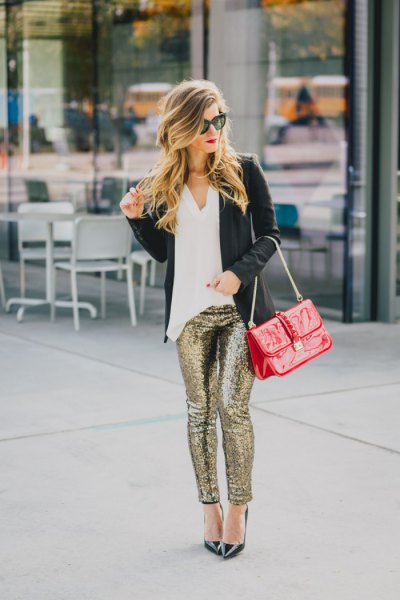 white blouse black blazer with gold sequins in sequins