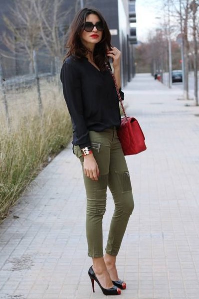 black button up shirt with green skinny khaki jeans