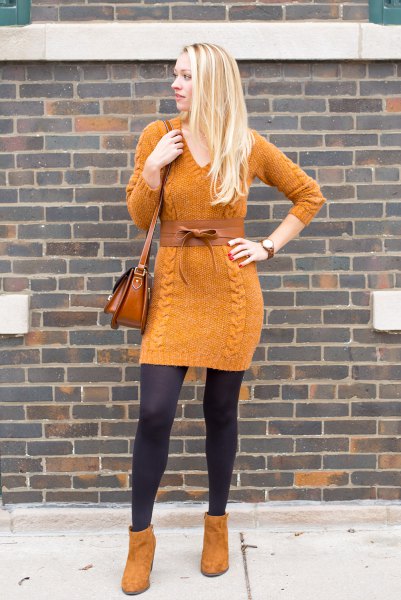 orange suede ankle boots with matching knit dress in knitwear