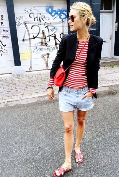 red and white striped t-shirt black blazer denim shorts
