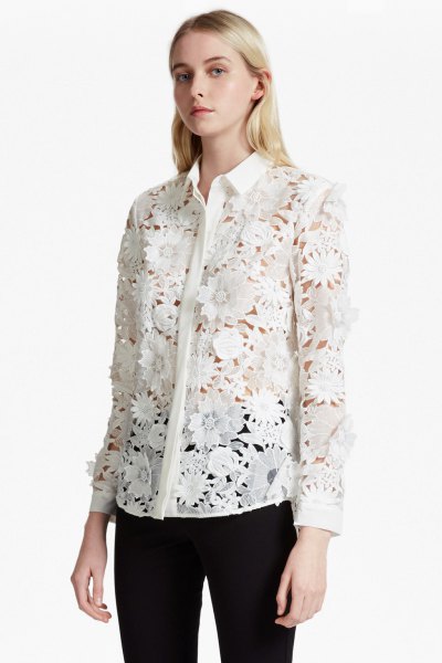 white floral lace button up shirt