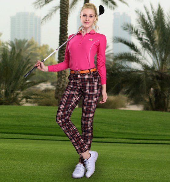checkered golf pants pink polo shirt