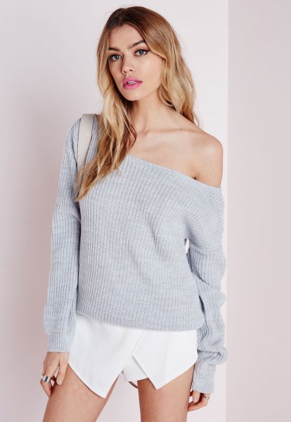 gray off shoulder knit sweater white shirt outfit