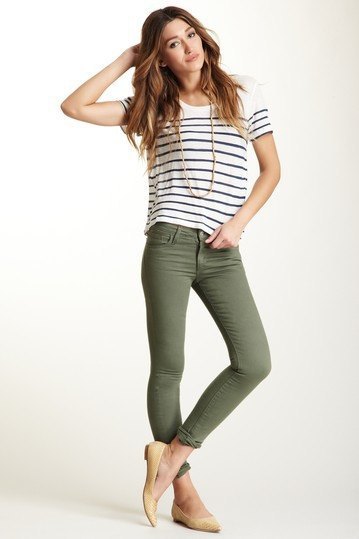 black and white striped t-shirt with olive skinny jeans