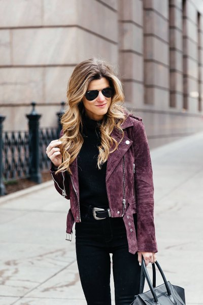 black suede cycling jacket with slim fit jeans in high waist