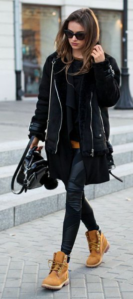black trench coat leggings country shoes