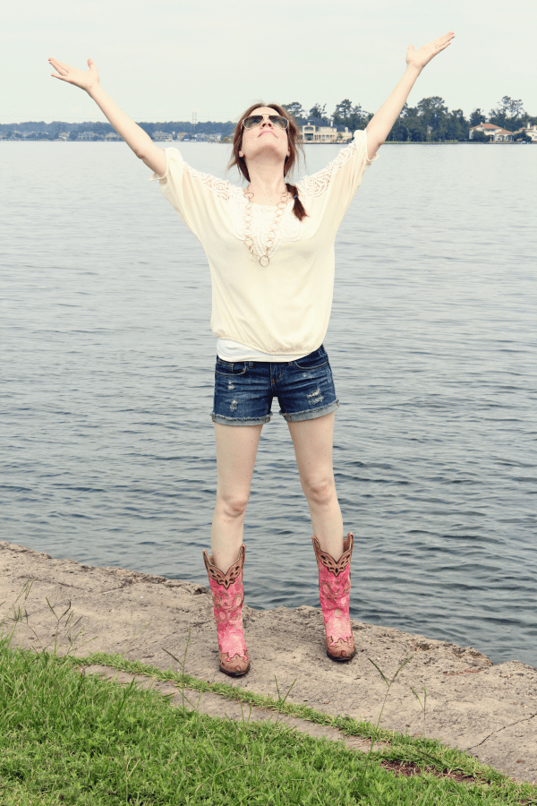 pink cowgirl boots outfit denim shorts