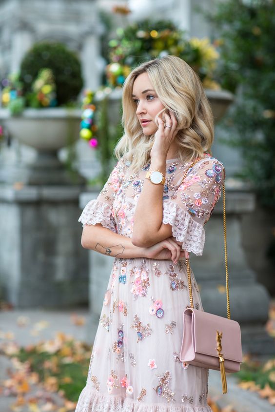 pink gold dress floral embroidery