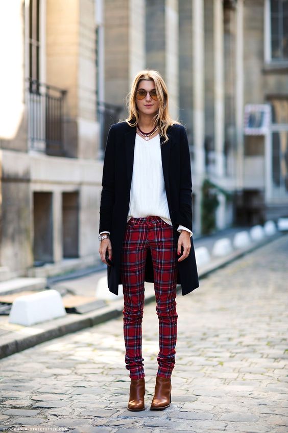 red plaid trousers black and white 