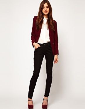burgundy blazer with white button shirt and black slim fit chinos