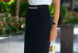 white lace short sleeve top, black pencil skirt, gold ankle strap .