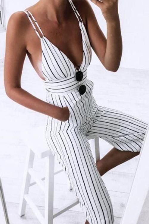 Stripe V-Neck Backless Jumpsuit (With images) | Fashion, Summer .