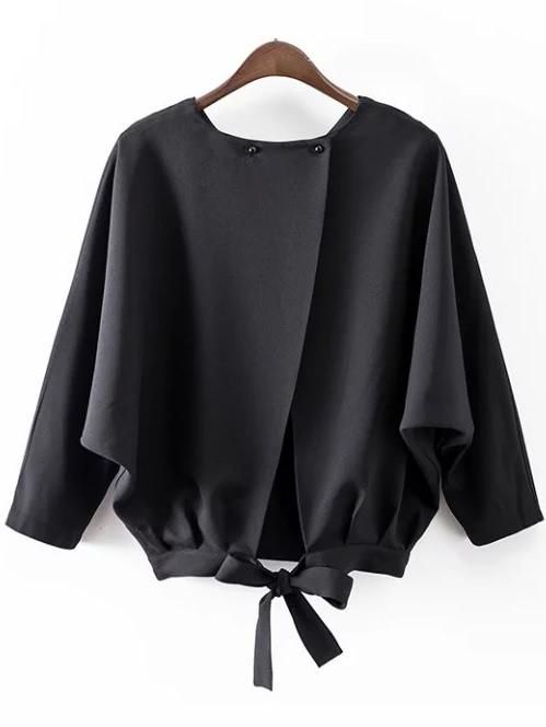Shop ROMWE Black Batwing Sleeve Bow Split Blouse online!❤️Get .
