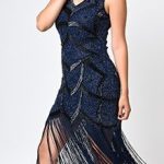 Iconic by UV Black & Blue Beaded Mesh Isadora Fringe Flapper Dress .