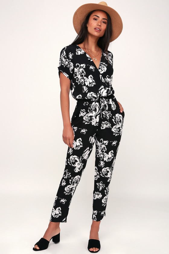 Cool Black Floral Print Jumpsuit - Black and White Jumpsu