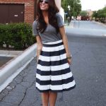 grey V-neck tee tucked into a striped skirt + brown wedges | Style .
