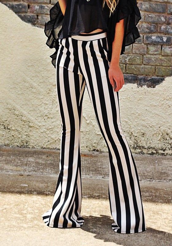 Black-White Striped Casual Mid-rise Long flare Pants in 2019 .