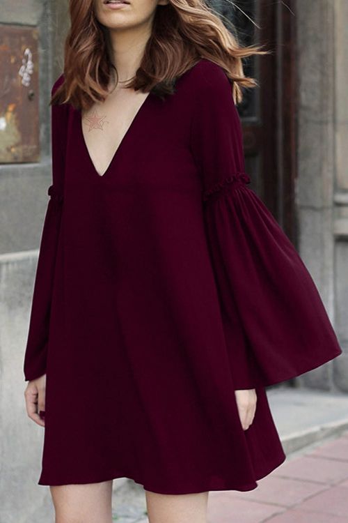 Bell Sleeve Solid Color Flare Dress WINE RED: Long Sleeve Dresses .