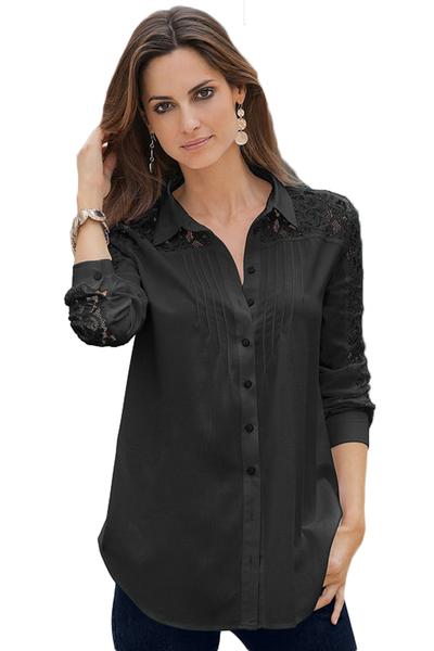 Black Lace Splice Long Sleeve Her Fashion Button Down Shirt .