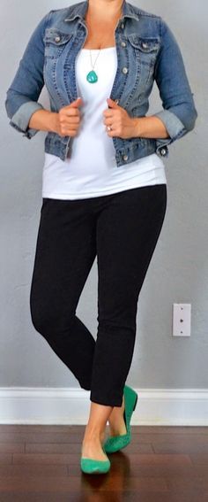 outfit post: jean jacket, white tank, black cropped pants, teal .