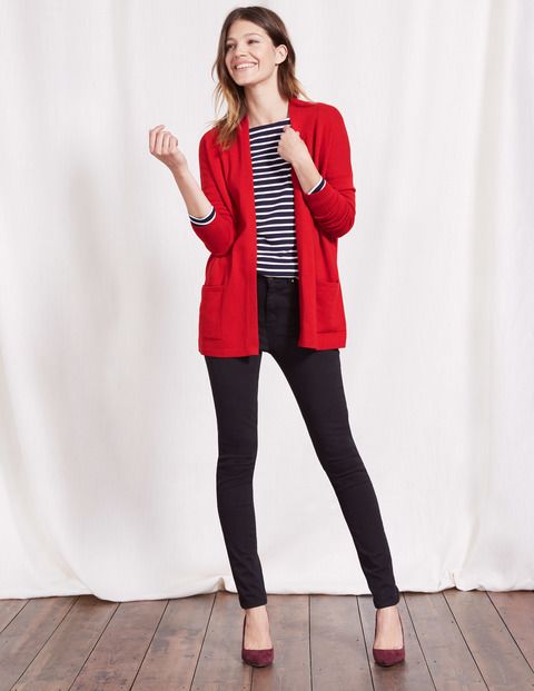 Red cardigan, striped tee, black jeans #capsulewardrobe | Red .