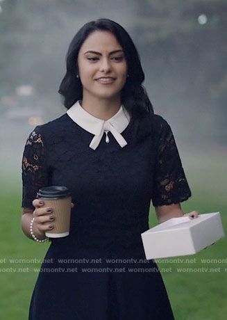 Veronica's navy lace dress with white collar on Riverdale .