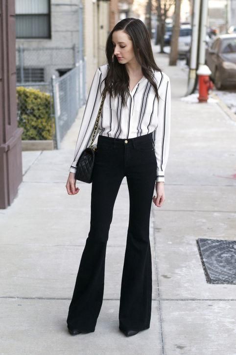 50 Cute New Ways to Wear Black and White | Flare jeans outfit .