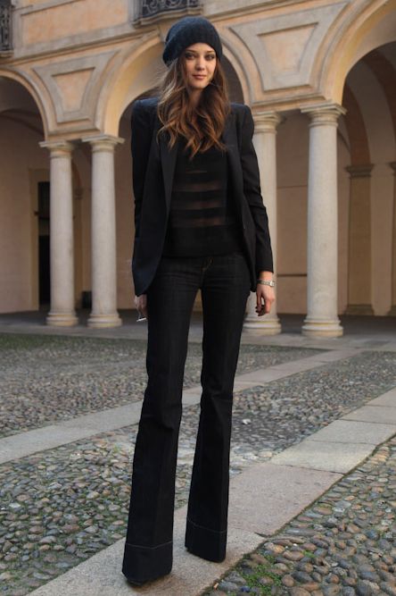 Flare Jeans Outfit Ideas - fall / winter - black blazer - dark .