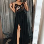 A-Line Spaghetti Straps Floor-Length Black Prom Dress with Lace .