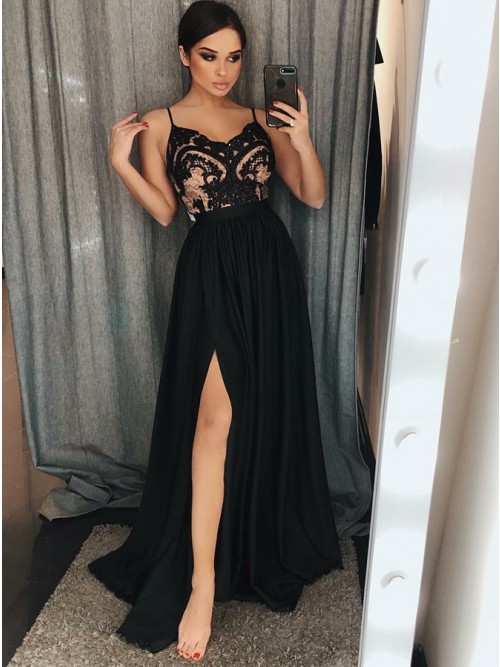 A-Line Spaghetti Straps Floor-Length Black Prom Dress with Lace .