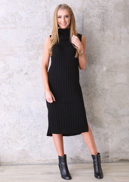 dress, black, mid length, knit, sleeveless, turtleneck - Wheretog