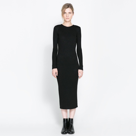 Zara Dresses | Black Knit Wide Rib Midi Crew Sweater Dress M .