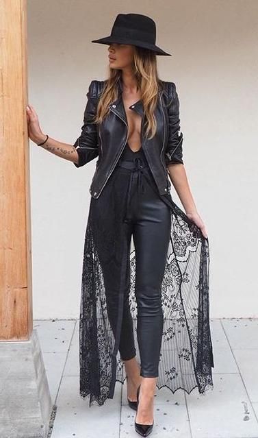 lace + leather. hat. biker jacket. kimono. | Fashion, All black .