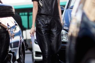 Leila & her awesome black leather overalls. Paris. #LeilaYavari .