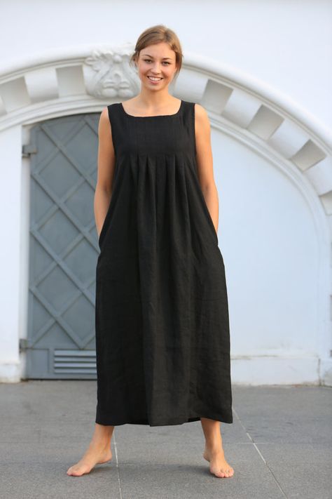 Maxi linen dress, Long White linen dress, Washed black linen dress .
