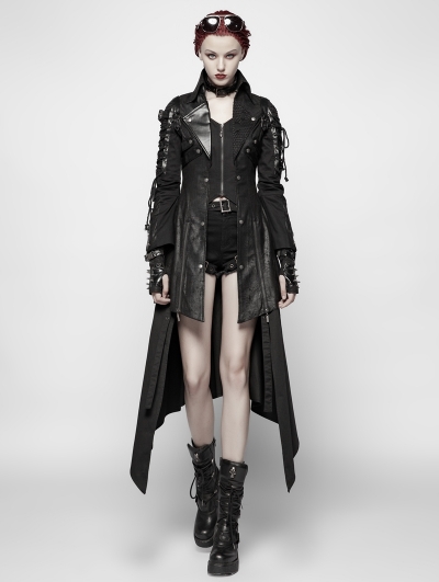 Black Long Sleeves Leather Gothic Trench Coat for Women .
