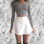 Grey Long Sleeved Crop Top, White Mini Skirt And Black Thigh High .