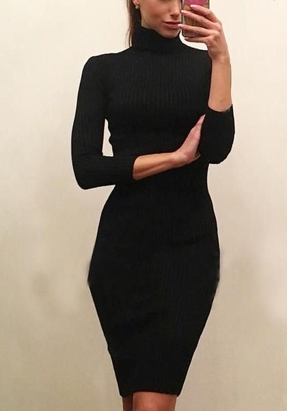Black Draped High Neck Long Sleeve Fashion Midi Dress | Fashion .