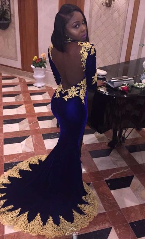 Royal Blue Mermaid Prom Dresses Gold Appliques Backless African .